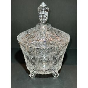 Lead Crystal Clear Bowl with Lid, Plant and Thumbprint Design, Footed Candy Dish